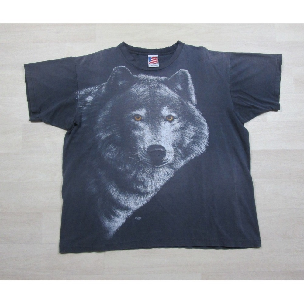 Vintage 1990's Wolf T-Shirt Men's (XL) Nature Print AOP Distressed Faded USA